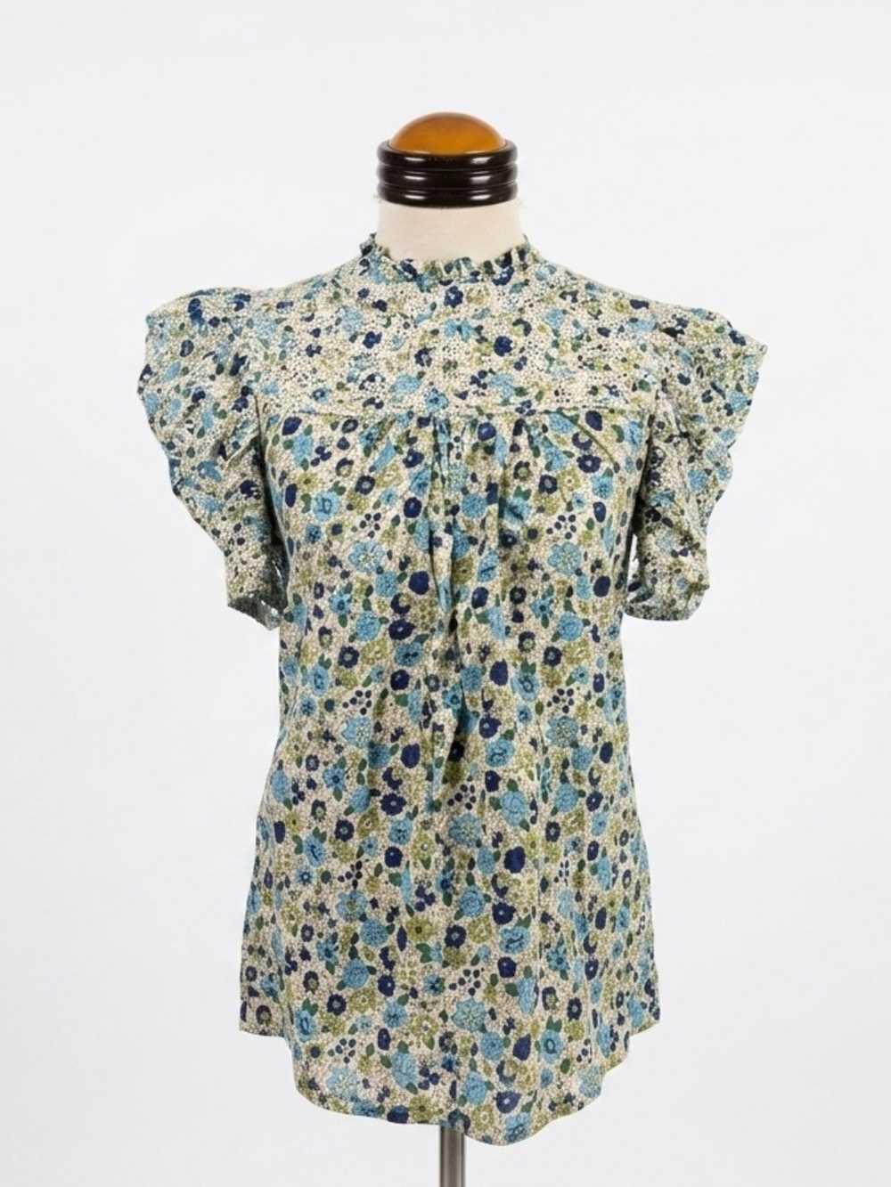 Solitaire Blue and Green Floral Ruffle-Yoke Blouse